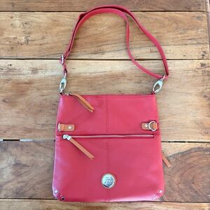 JOY Mangano Red Pebbled Leather Foldover Crossbody Bag with RFID Protection